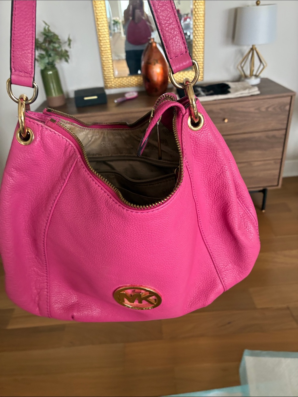 Michael Kors Hot Pink Pebbled Leather Shoulder Bag with Gold Hardware